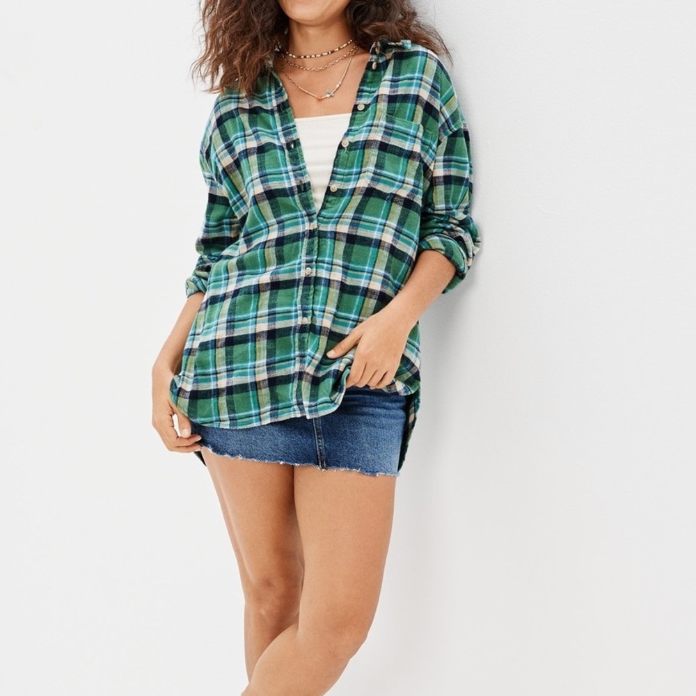 NWT American Eagle Green Plaid Oversized Flannel Shirt